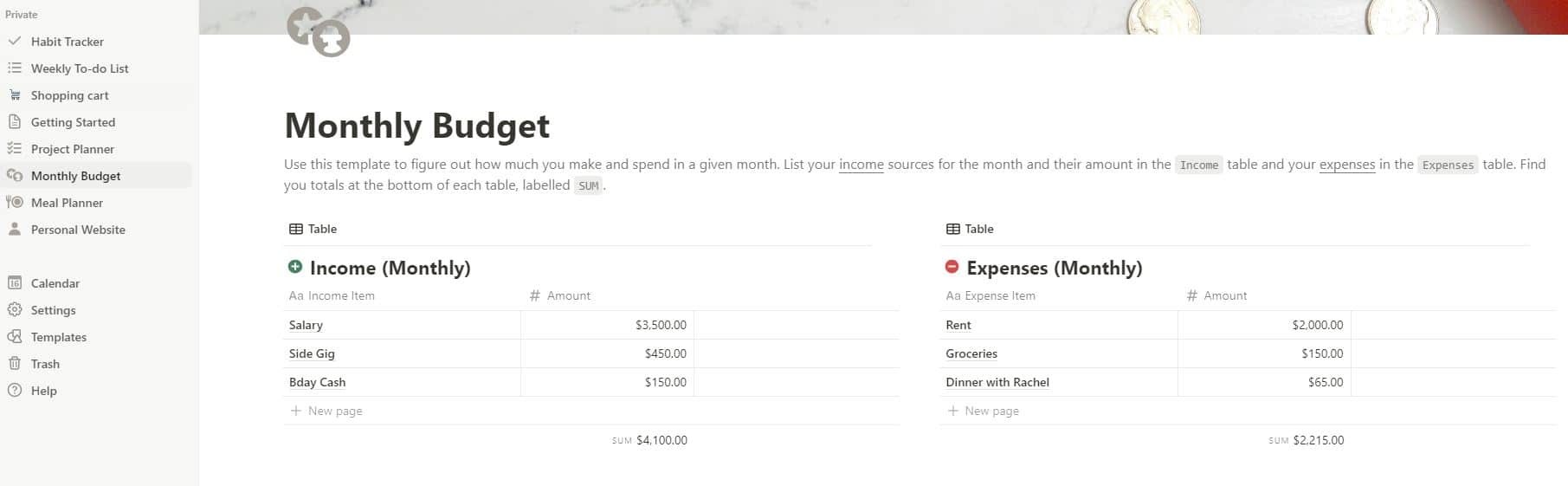 Notion: Monthly budget